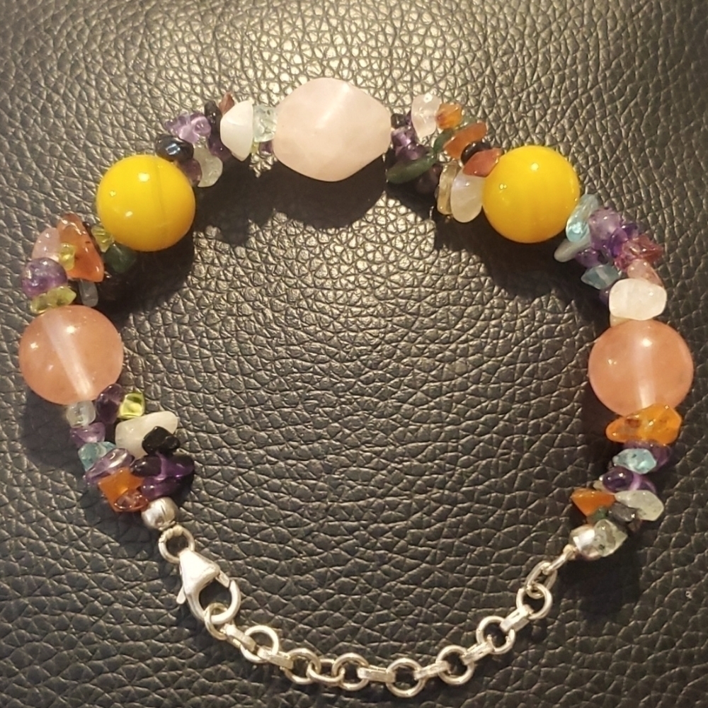 Rhodium Plated Rose Quartz Multi Gemstone Bracelet